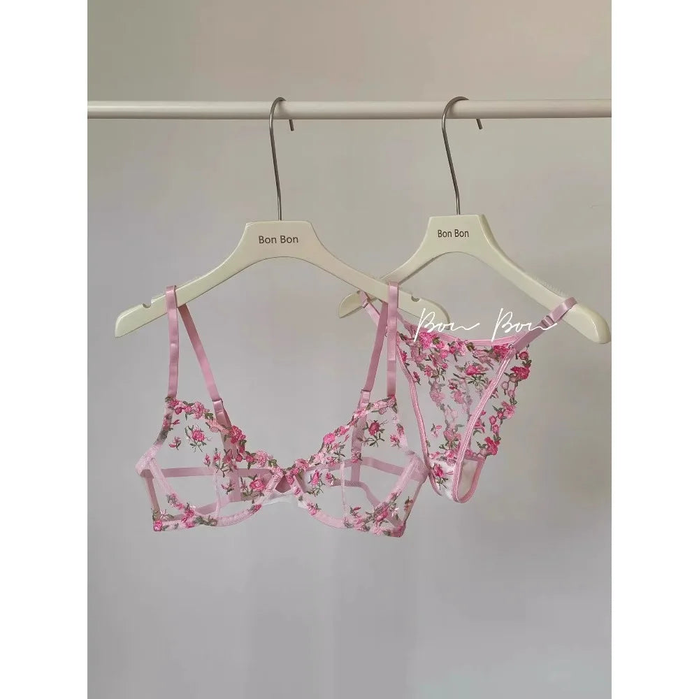 Women's French Embroidered Lace Set Sensual Mesh Bra Set & Brief Soft Underwire Unpadded Bralette Deep V Plunge Elegant Lingerie