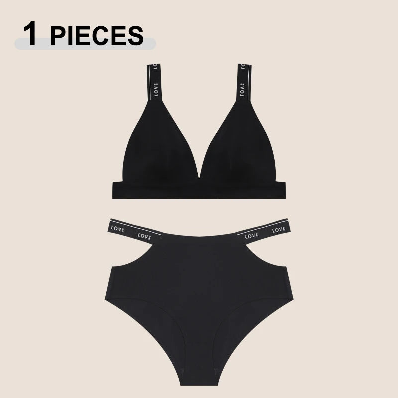 2PCS Women's Sexy Letter Seamless Ice Silk Bra Panties Set High Elastic Hollow Cross Waistband Panties No Wire Push Up Brassiere