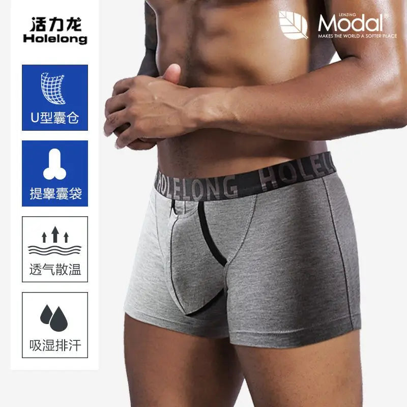 Man Breathable Boxers with Bulge U-Convex Penis Pouch Seperate Modal Soft Open Hole Lingerie Slips Big Enhancing Short Underwear