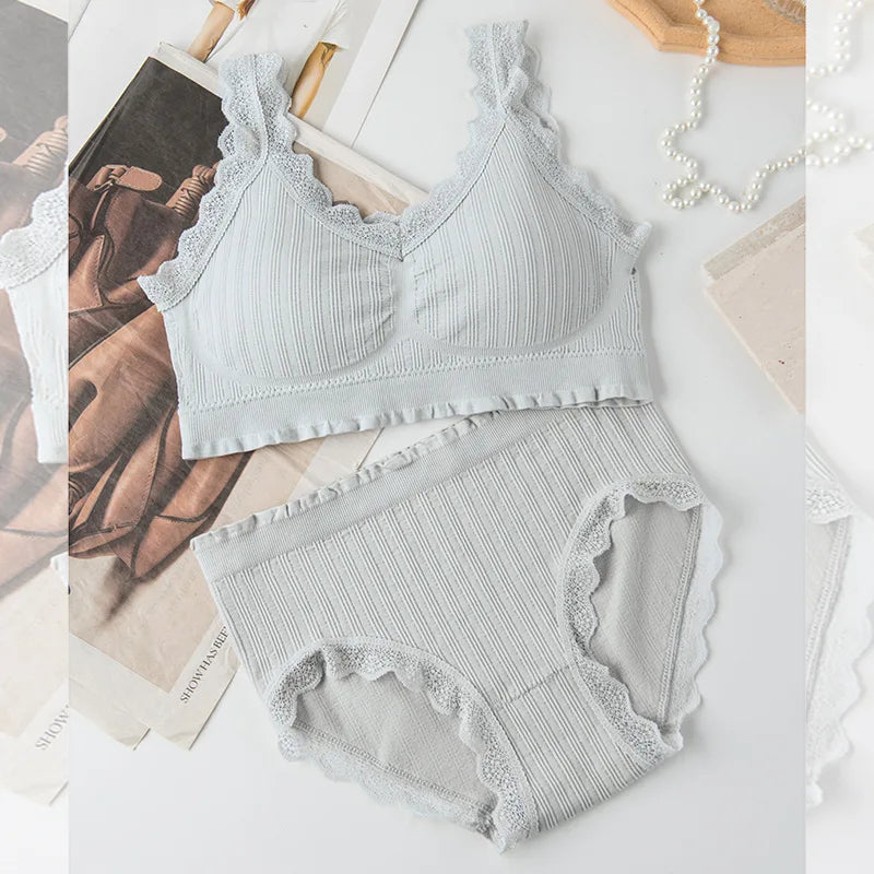 New Ladies Seamless U-Shaped Lace Back Bra Set Without Steel Ring Sexy V-Neck Back Underwear Panty Set Female Comfortable Bra