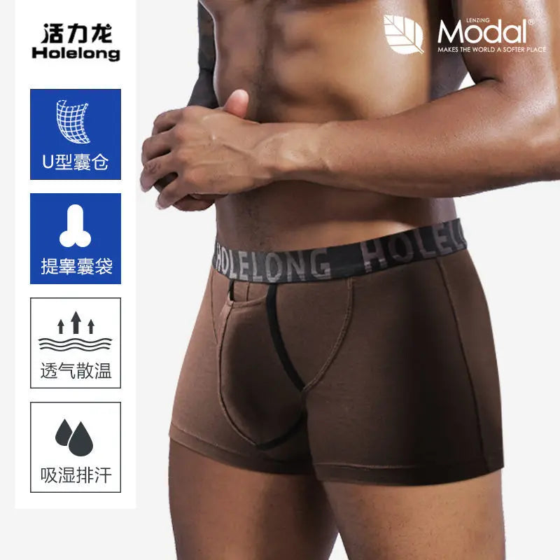 Man Breathable Boxers with Bulge U-Convex Penis Pouch Seperate Modal Soft Open Hole Lingerie Slips Big Enhancing Short Underwear