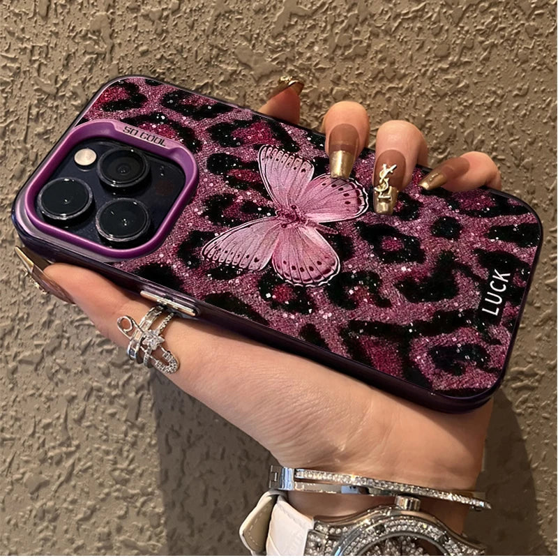 Butterfly Leopard Phone Case for IPhone 17 16 15 14 13 12 11 Pro Max Plus 17 Air 16E X XR XS Max Shockproof Full Print Cover