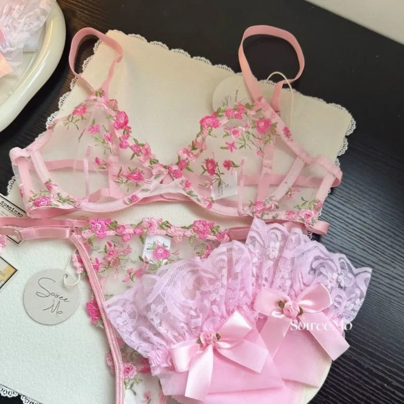 Romantic Floral Lingerie Set Women French Tulle Bra Embroidered Lace Underwear Sexy Sweet Sheer Pink Bralette Panty Set MOYISU