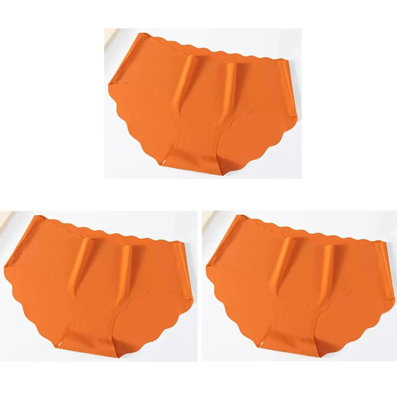 3PCS Women's Seamless Panties Sexy Icesilk Briefs Breathable Wavy Edge Mid-Waist Arm-Raising Female Close-Fitting Underwear