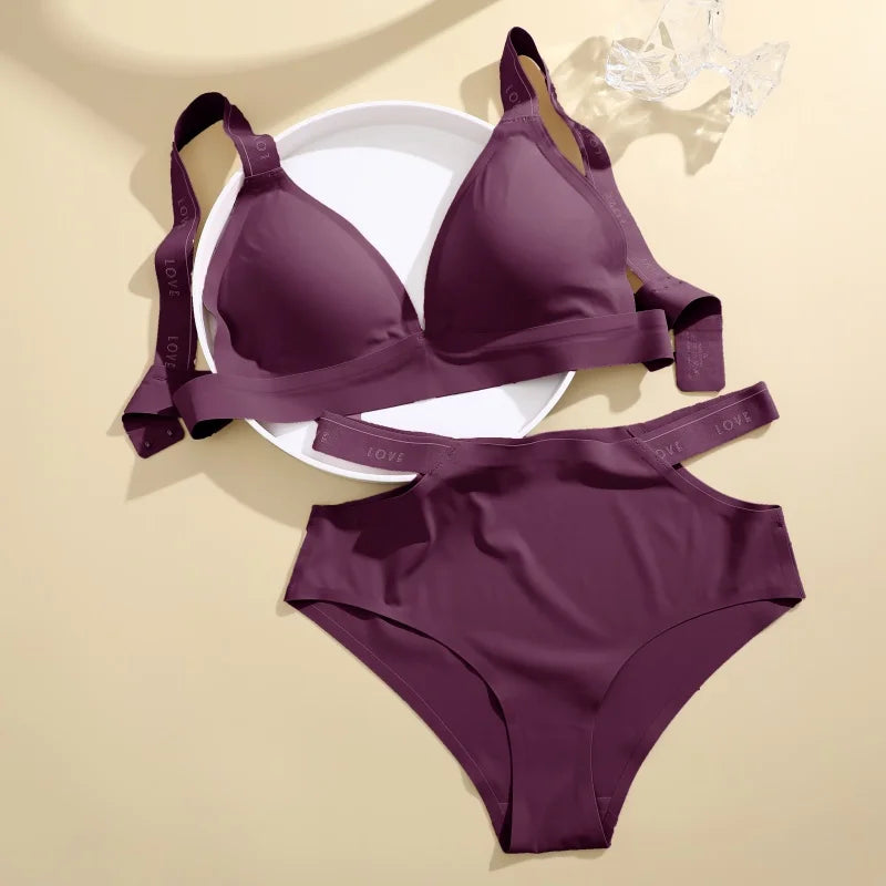 2PCS Women's Sexy Letter Seamless Ice Silk Bra Panties Set High Elastic Hollow Cross Waistband Panties No Wire Push Up Brassiere