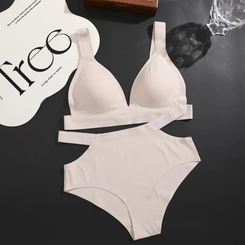 2PCS Women's Sexy Letter Seamless Ice Silk Bra Panties Set High Elastic Hollow Cross Waistband Panties No Wire Push Up Brassiere