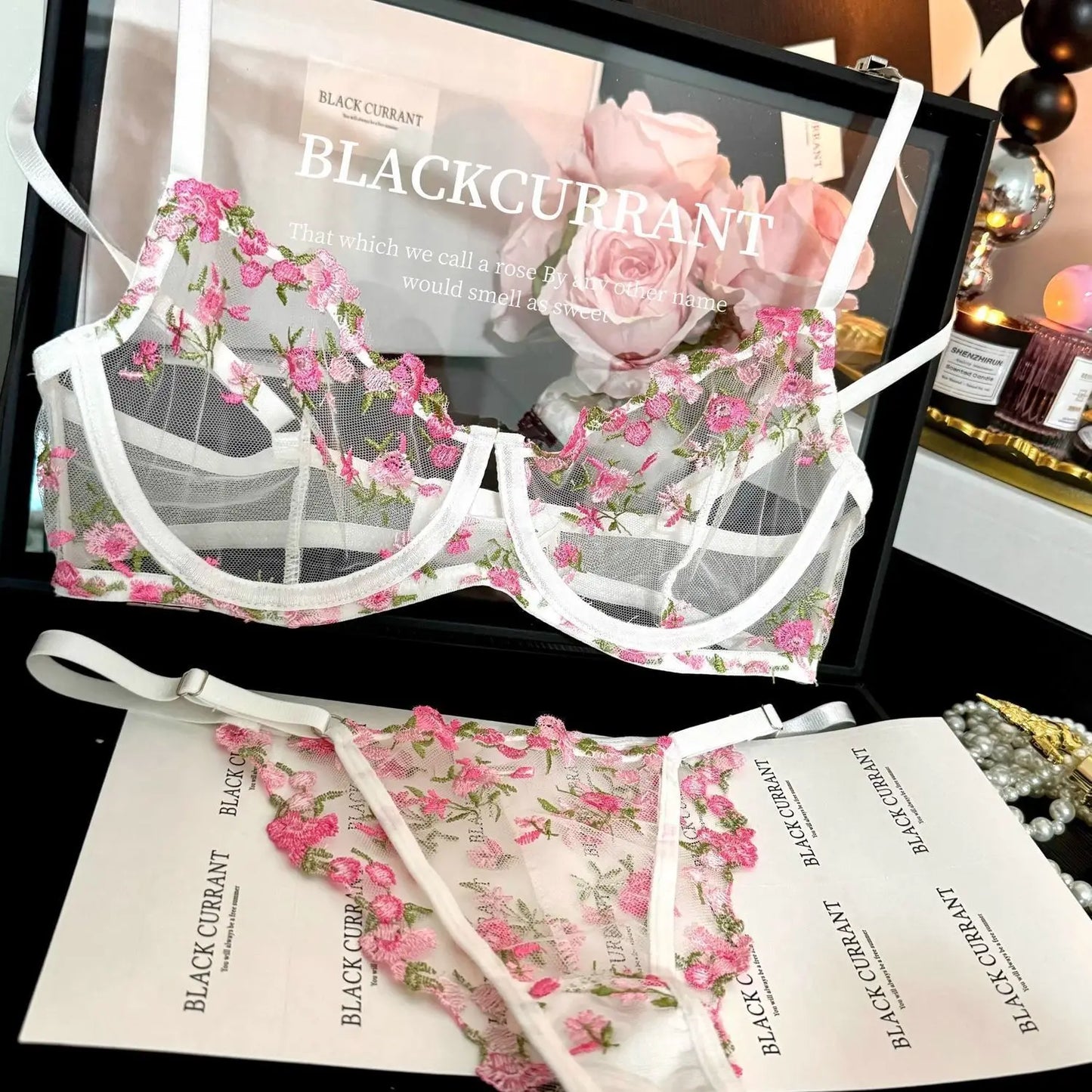 Women's French Embroidered Lace Set Sensual Mesh Bra Set & Brief Soft Underwire Unpadded Bralette Deep V Plunge Elegant Lingerie