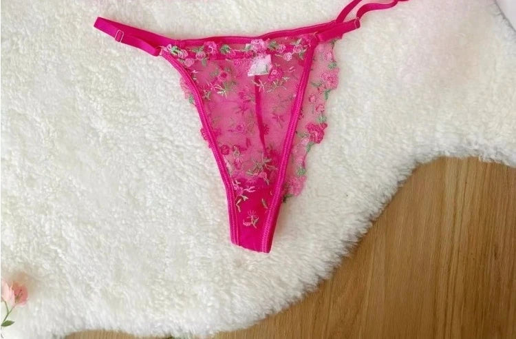 Romantic Floral Lingerie Set Women French Tulle Bra Embroidered Lace Underwear Sexy Sweet Sheer Pink Bralette Panty Set MOYISU