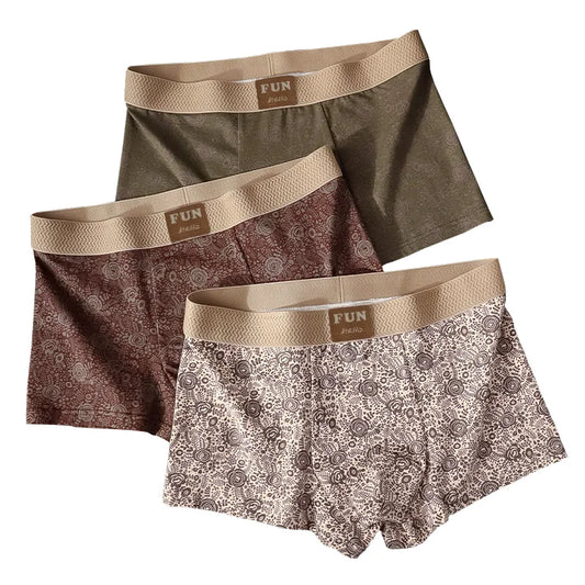 3-Piece Set Of Rose Classical Printed Men's Sexy Boxer Shorts, Soft And Comfortable Underwear, Men's Casual Dour Cornered Pants