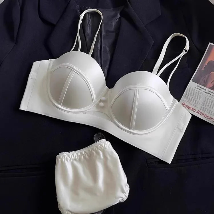 YUQI French Retro Pearl Satin Bra Set - AA Cup Strapless Push Up Lingerie, Anti-Sagging Padded Half Cup Underwear  Sex Underwear