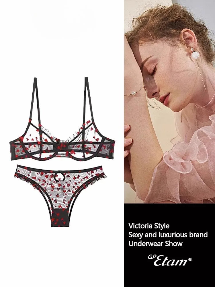 YUQI Chic Heart Lace Push-Up Bra Set | Small Bust Enhancer | Anti-Sagging Mesh Underwear | Women's French Style Lingerie Kit