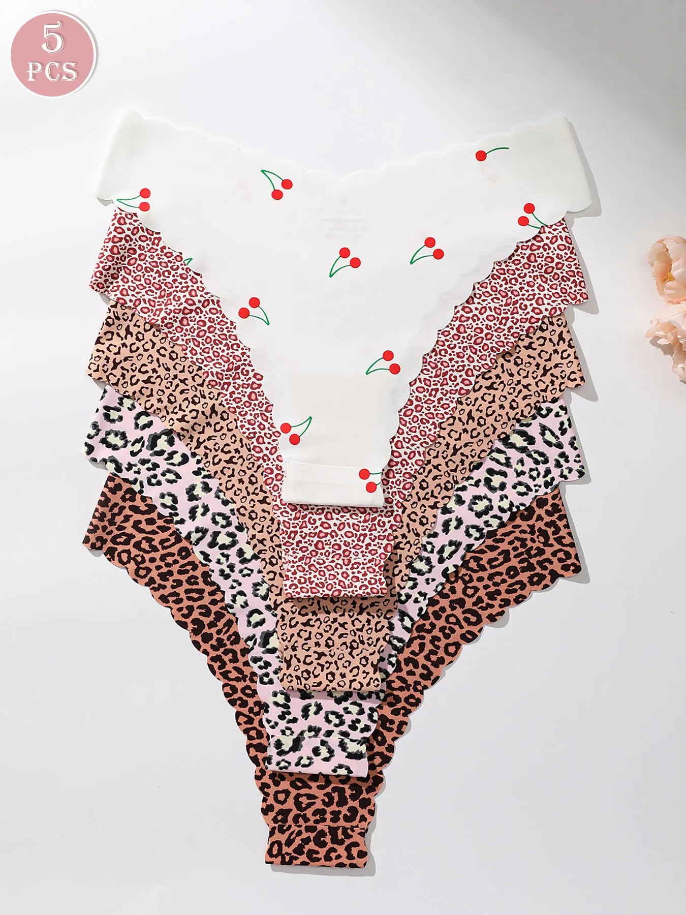 5-piece set of fully printed women's triangle panties with wavy edges, smooth and skin-friendly soft women's underwear