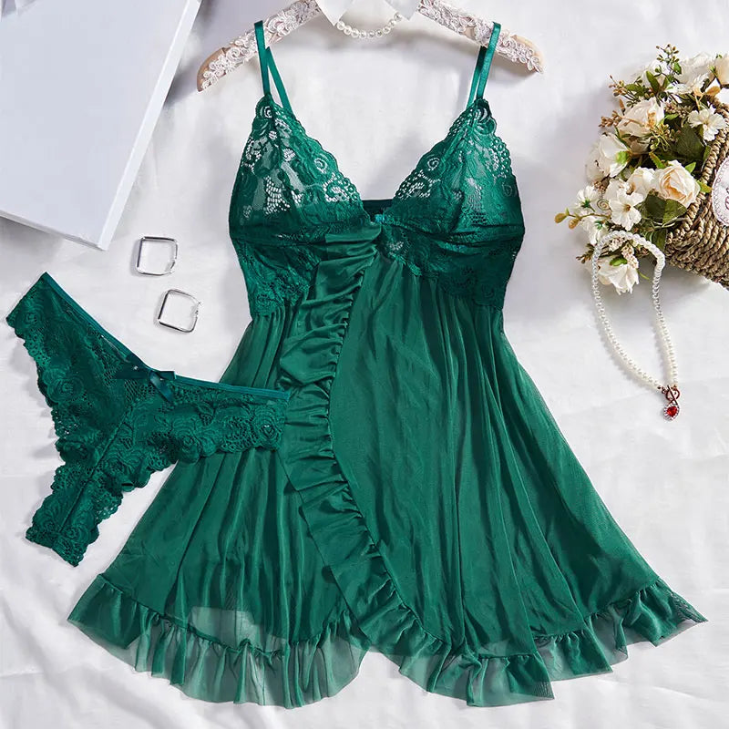 Women Exquisite 2 Pcs Set Lace Nightgown Homewear New Green Nighttime Pajamas Transparent Split Nightdress V Neck Bra Panty Sets