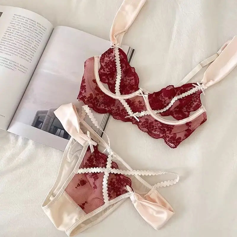 Sexy Lace Bra Breathable Thin Section French Pure Desire Soft Steel Ring Anti-Sagging Gathered Beautifully Embroidered Bra Set