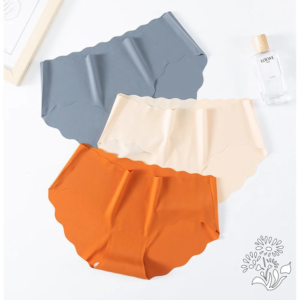 3PCS Women's Seamless Panties Sexy Icesilk Briefs Breathable Wavy Edge Mid-Waist Arm-Raising Female Close-Fitting Underwear