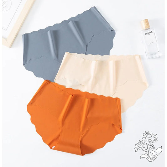 3PCS Women's Seamless Panties Sexy Icesilk Briefs Breathable Wavy Edge Mid-Waist Arm-Raising Female Close-Fitting Underwear