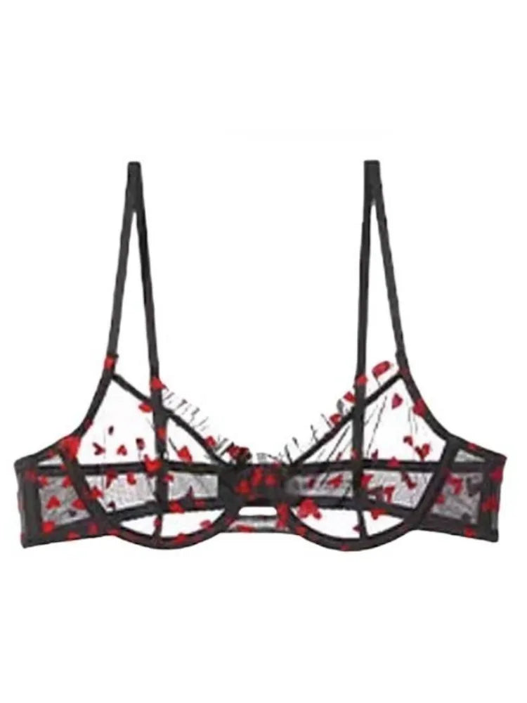 YUQI Chic Heart Lace Push-Up Bra Set | Small Bust Enhancer | Anti-Sagging Mesh Underwear | Women's French Style Lingerie Kit