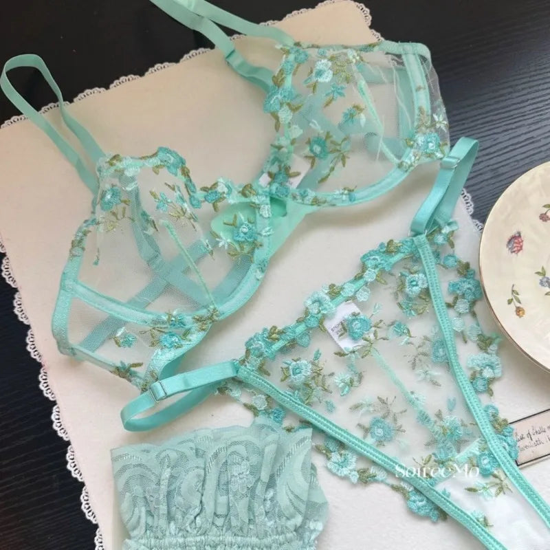 Romantic Floral Lingerie Set Women French Tulle Bra Embroidered Lace Underwear Sexy Sweet Sheer Pink Bralette Panty Set MOYISU