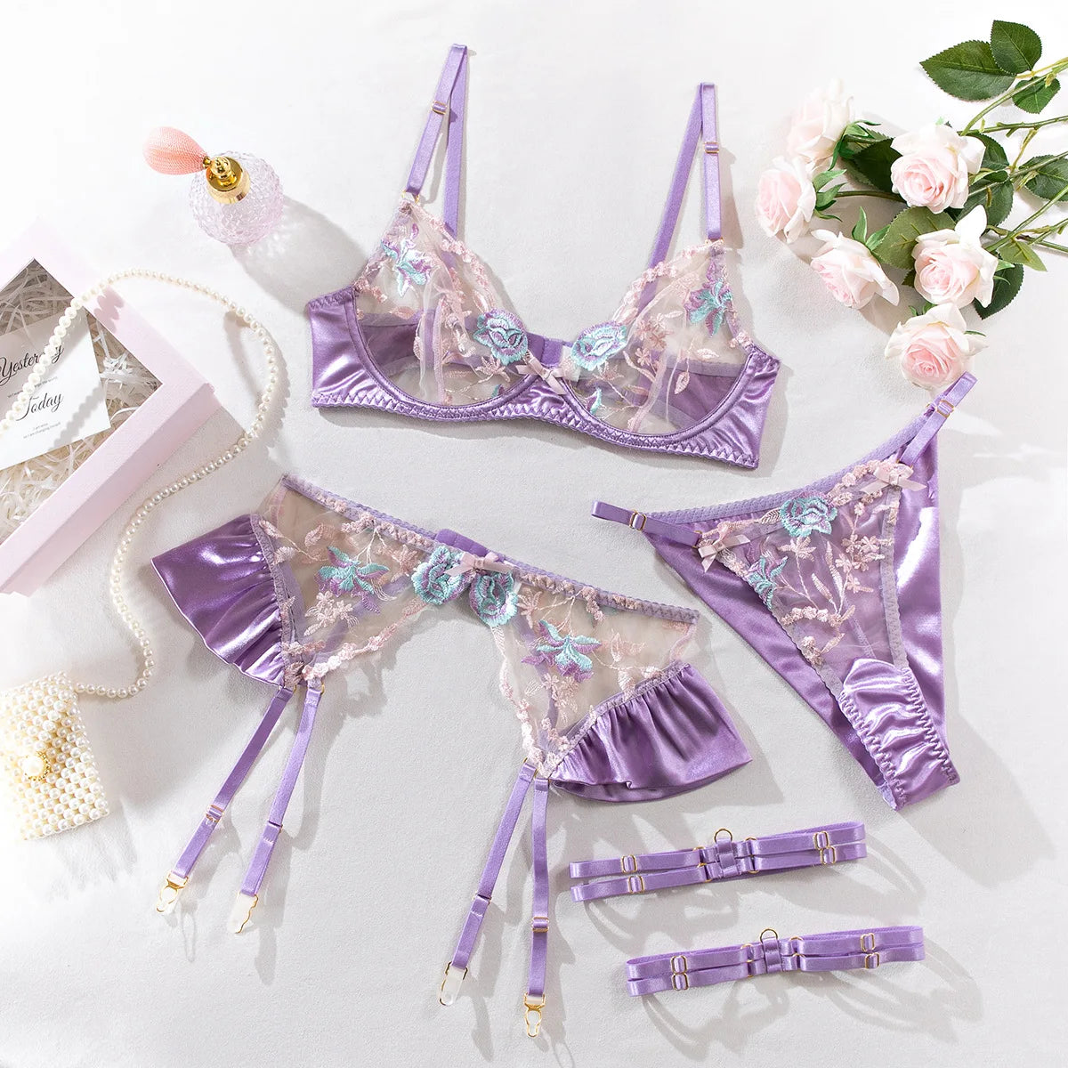 Sensual Women Lingerie Fancy Floral Sheen Silk Underwear Transparent Garter Exotic Sets Fairy Luxury Intimate Goods