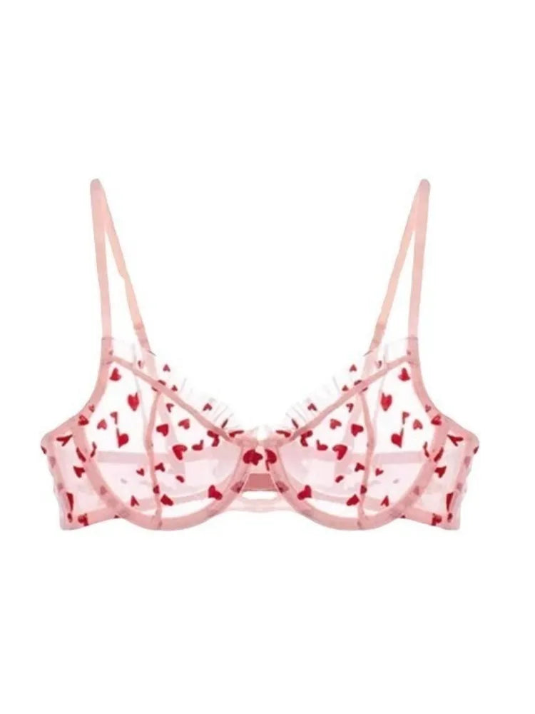 YUQI Chic Heart Lace Push-Up Bra Set | Small Bust Enhancer | Anti-Sagging Mesh Underwear | Women's French Style Lingerie Kit