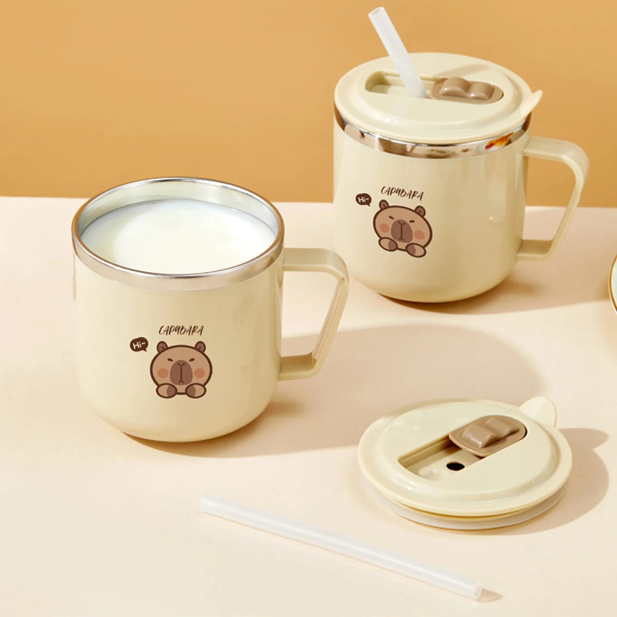 Cute Capybara 316 Stainless Steel Kid Water Cup With Straw 270ml Double Wall Insulated Mug Leak-proof Milk Coffee Cup