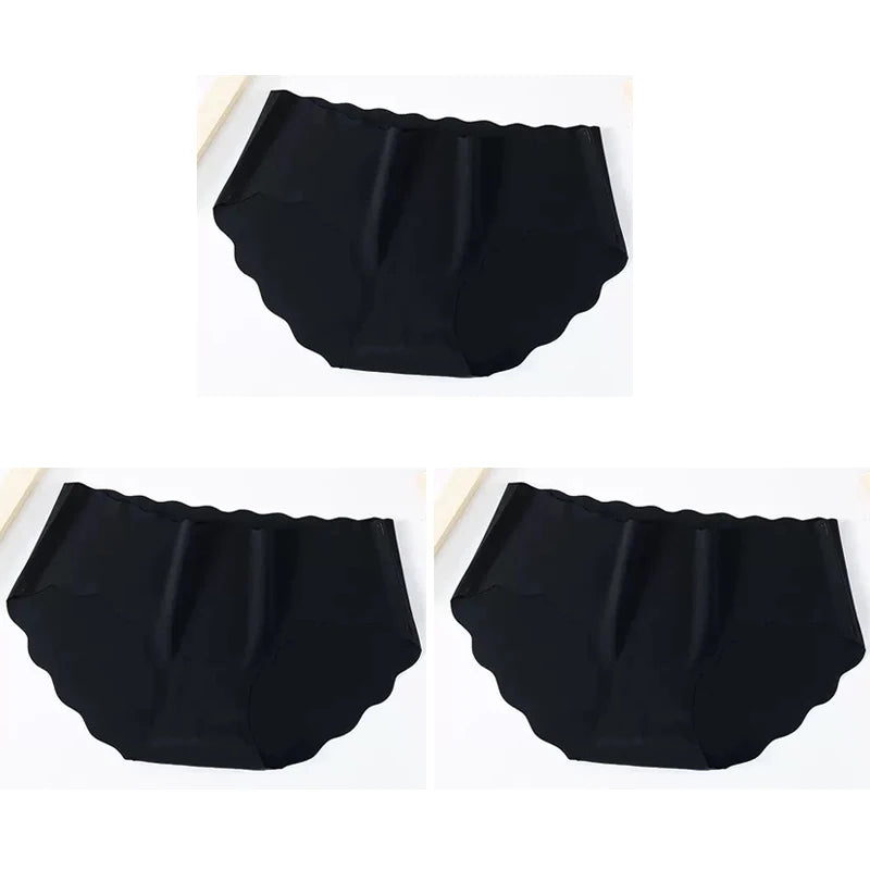 3PCS Women's Seamless Panties Sexy Icesilk Briefs Breathable Wavy Edge Mid-Waist Arm-Raising Female Close-Fitting Underwear