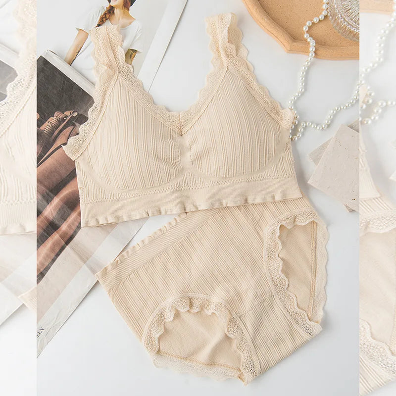 New Ladies Seamless U-Shaped Lace Back Bra Set Without Steel Ring Sexy V-Neck Back Underwear Panty Set Female Comfortable Bra