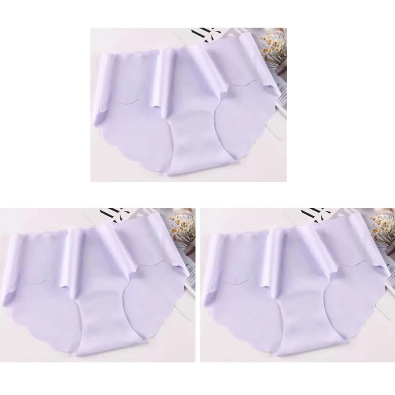 3PCS Women's Seamless Panties Sexy Icesilk Briefs Breathable Wavy Edge Mid-Waist Arm-Raising Female Close-Fitting Underwear