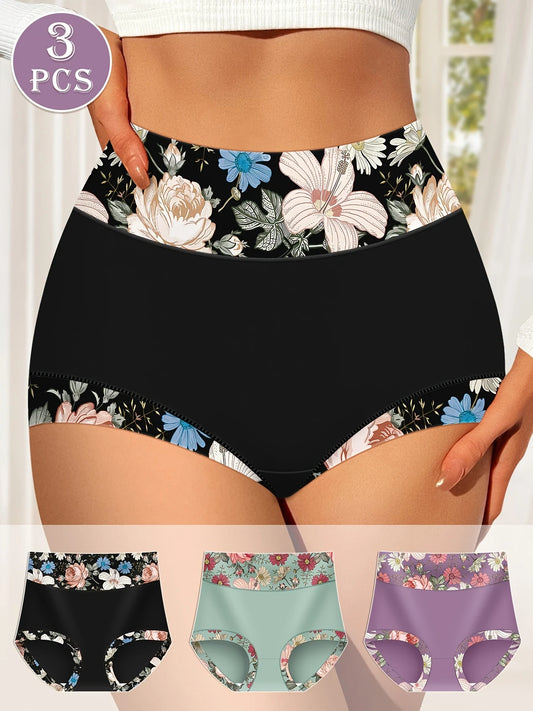 3pcs Plus Size High-Waist Shapewear Panties for Women - Tummy Control & Butt Lift, Comfort Fit with Elegant Floral Print
