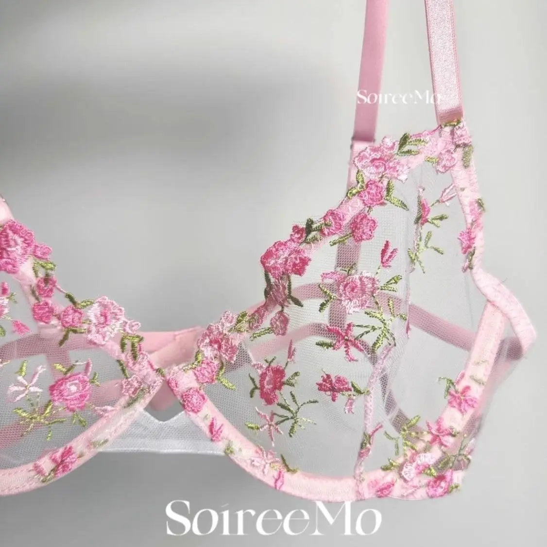 Romantic Floral Lingerie Set Women French Tulle Bra Embroidered Lace Underwear Sexy Sweet Sheer Pink Bralette Panty Set MOYISU