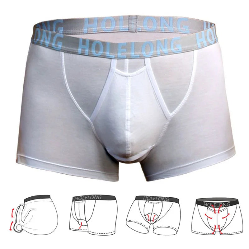 Man Breathable Boxers with Bulge U-Convex Penis Pouch Seperate Modal Soft Open Hole Lingerie Slips Big Enhancing Short Underwear