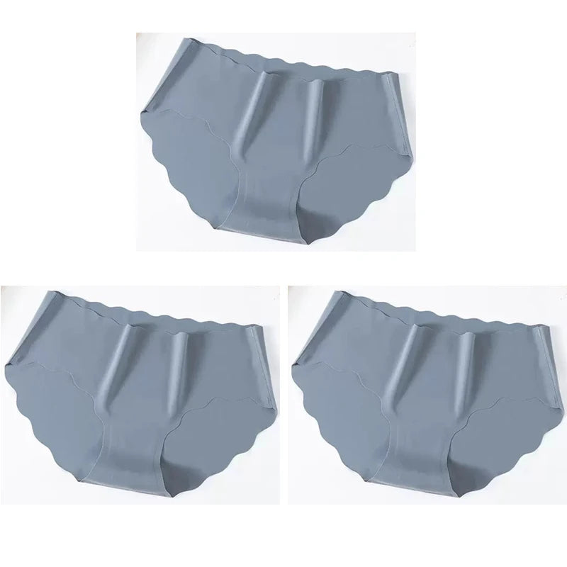 3PCS Women's Seamless Panties Sexy Icesilk Briefs Breathable Wavy Edge Mid-Waist Arm-Raising Female Close-Fitting Underwear