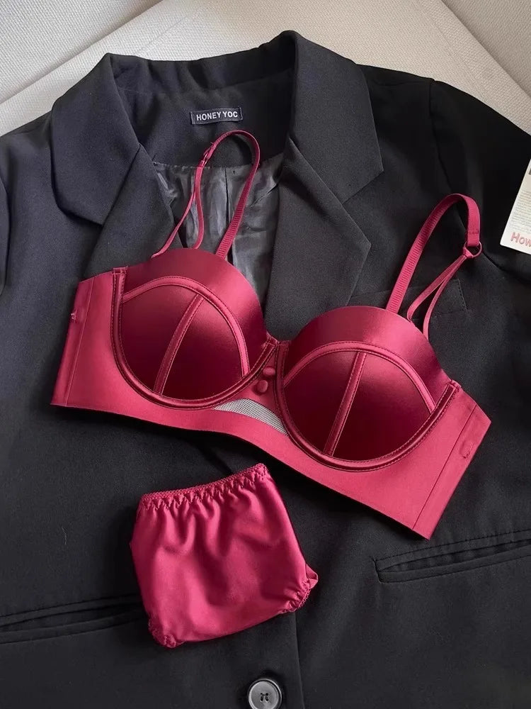 YUQI French Retro Pearl Satin Bra Set - AA Cup Strapless Push Up Lingerie, Anti-Sagging Padded Half Cup Underwear  Sex Underwear