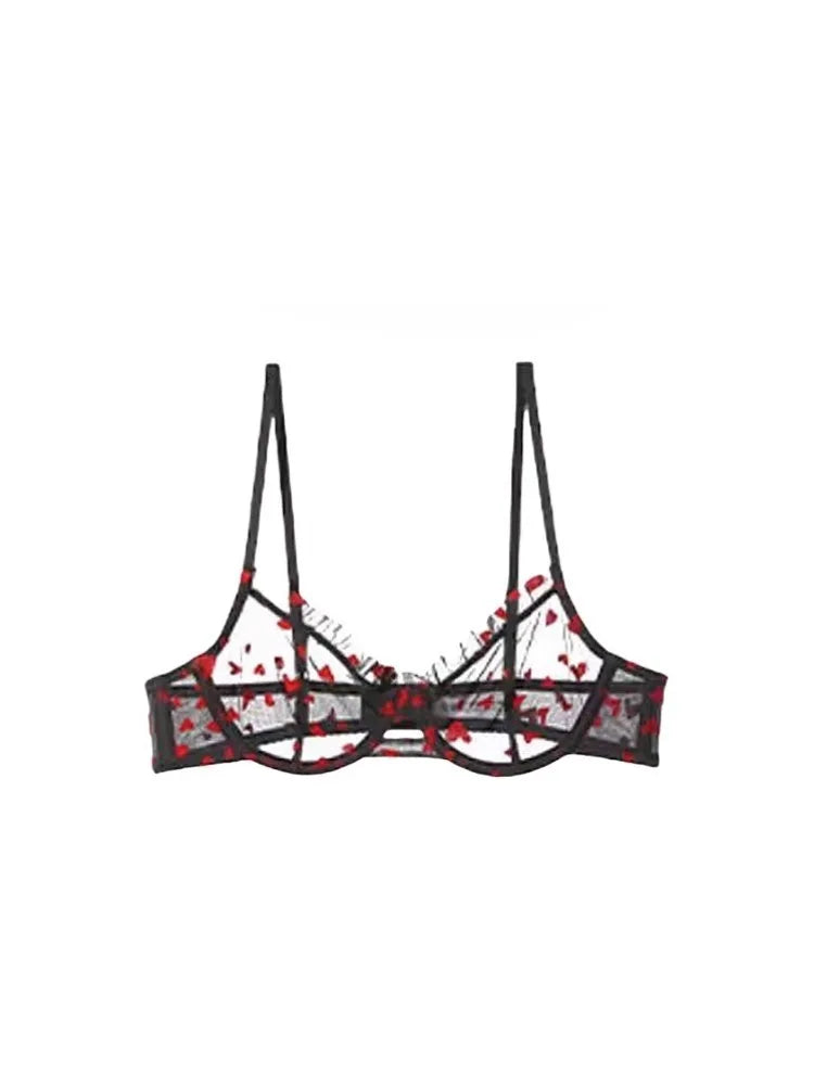 YUQI Chic Heart Lace Push-Up Bra Set | Small Bust Enhancer | Anti-Sagging Mesh Underwear | Women's French Style Lingerie Kit