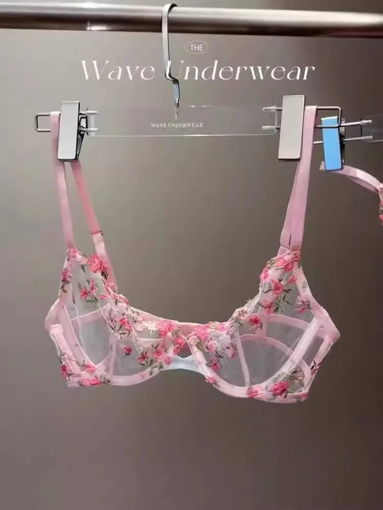 Anime-Inspired Lace Bra Set with Floral Embroidery, Sensual See-Through Underwear 32-38, Japanese Anime Style  Full Cup Bra AB