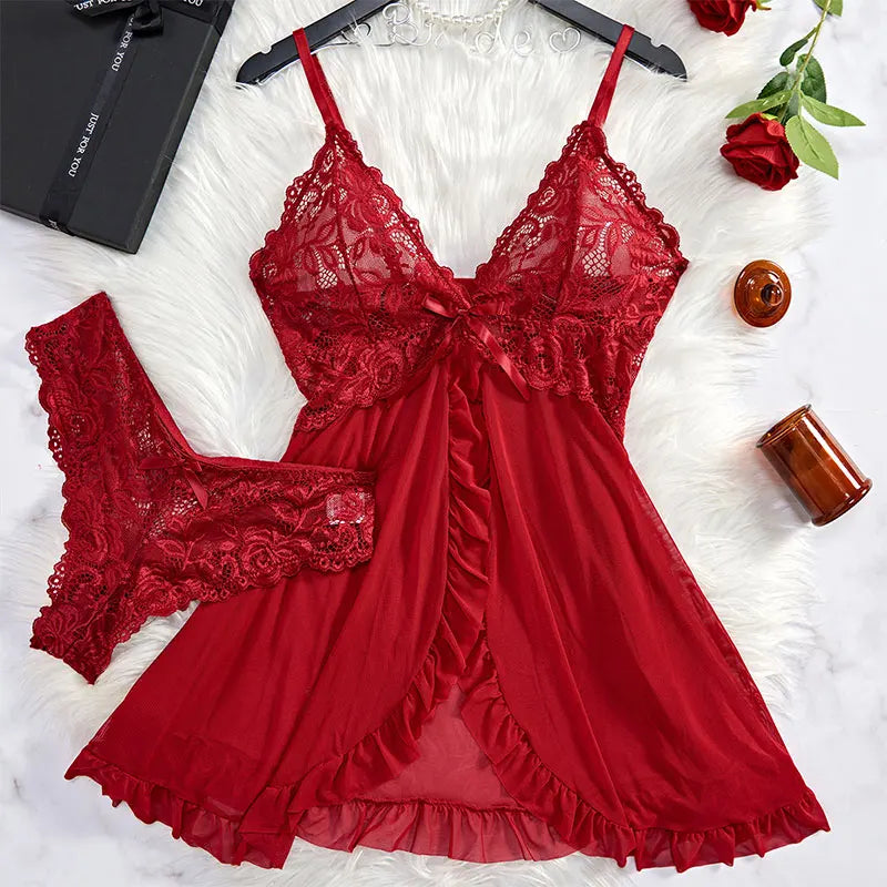 Women Exquisite 2 Pcs Set Lace Nightgown Homewear New Green Nighttime Pajamas Transparent Split Nightdress V Neck Bra Panty Sets