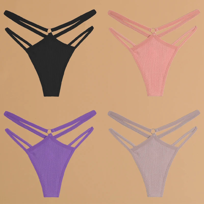 FINETOO 4Pcs Cotton Double Thin Belts Underwear for Women Sexy Low Waist Striped Thongs Ladies Soild Panties Breathable Lingerie