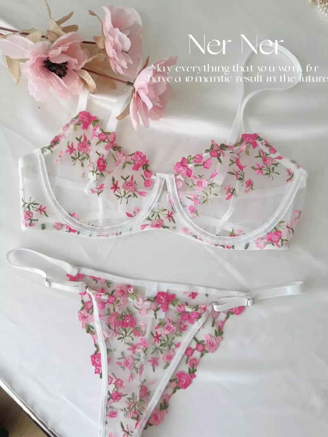 Romantic Floral Lingerie Set Women French Tulle Bra Embroidered Lace Underwear Sexy Sweet Sheer Pink Bralette Panty Set MOYISU