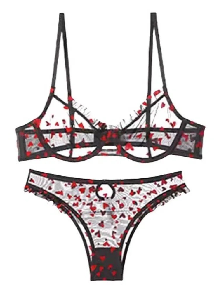 YUQI Chic Heart Lace Push-Up Bra Set | Small Bust Enhancer | Anti-Sagging Mesh Underwear | Women's French Style Lingerie Kit