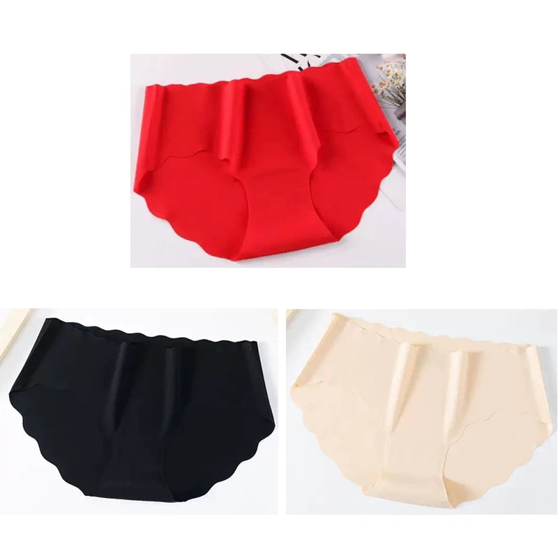 3PCS Women's Seamless Panties Sexy Icesilk Briefs Breathable Wavy Edge Mid-Waist Arm-Raising Female Close-Fitting Underwear