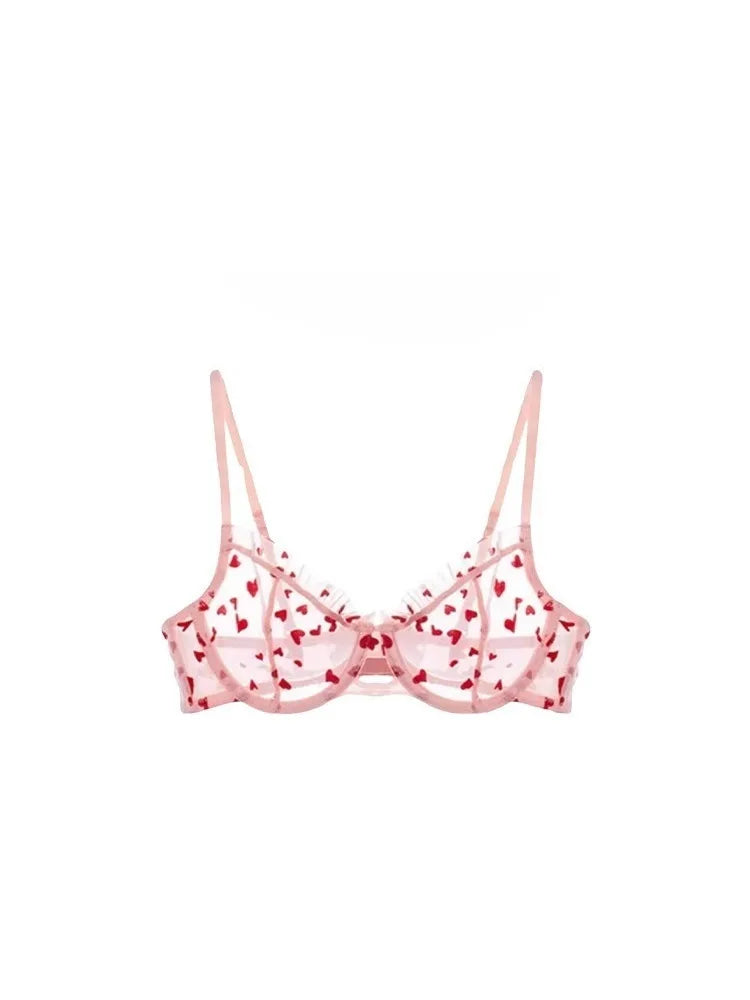 YUQI Chic Heart Lace Push-Up Bra Set | Small Bust Enhancer | Anti-Sagging Mesh Underwear | Women's French Style Lingerie Kit