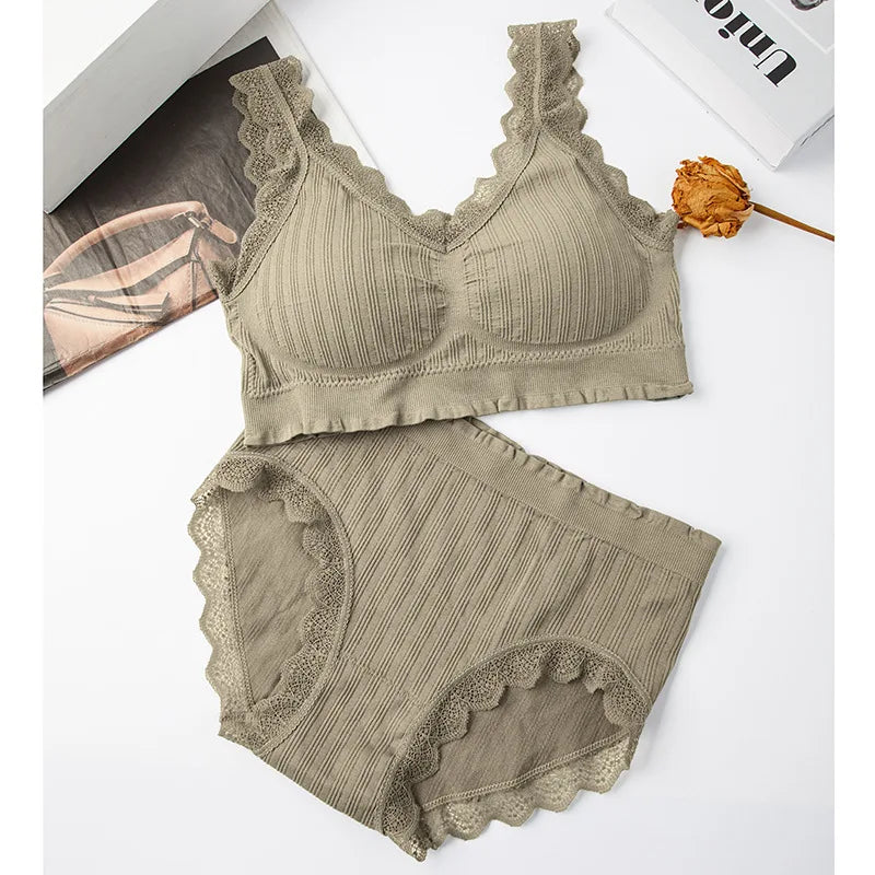 New Ladies Seamless U-Shaped Lace Back Bra Set Without Steel Ring Sexy V-Neck Back Underwear Panty Set Female Comfortable Bra
