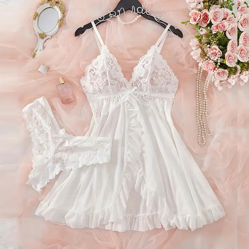 Women Exquisite 2 Pcs Set Lace Nightgown Homewear New Green Nighttime Pajamas Transparent Split Nightdress V Neck Bra Panty Sets
