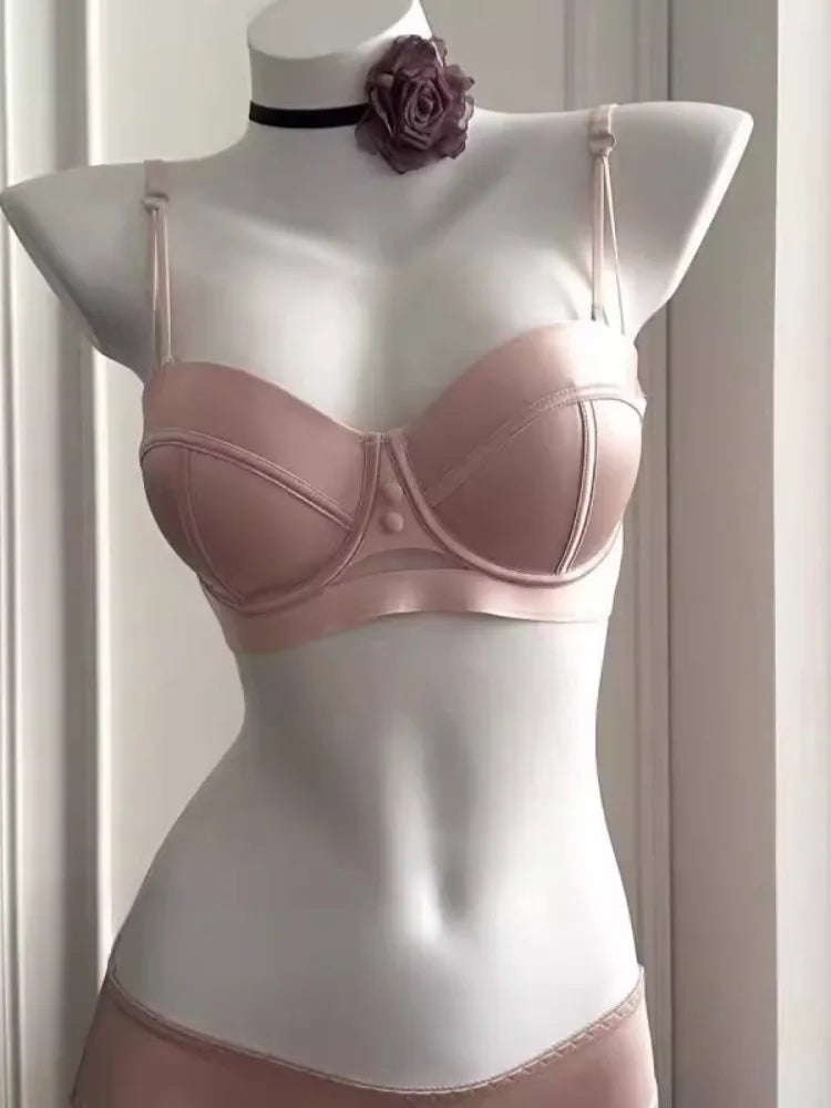 YUQI French Retro Pearl Satin Bra Set - AA Cup Strapless Push Up Lingerie, Anti-Sagging Padded Half Cup Underwear  Sex Underwear