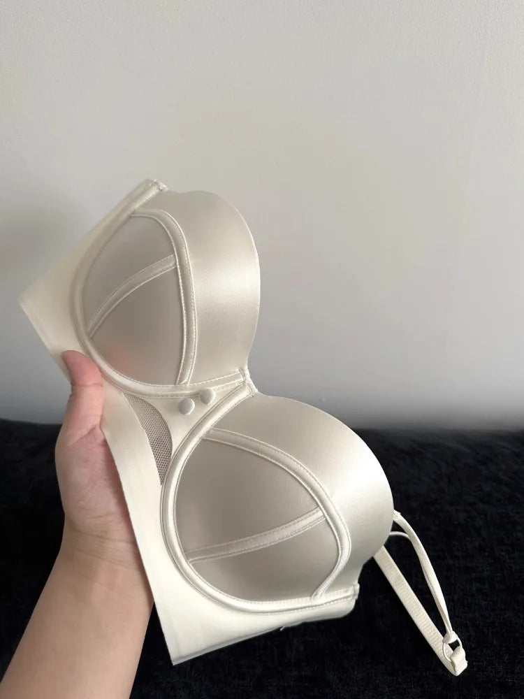 YUQI French Retro Pearl Satin Bra Set - AA Cup Strapless Push Up Lingerie, Anti-Sagging Padded Half Cup Underwear  Sex Underwear