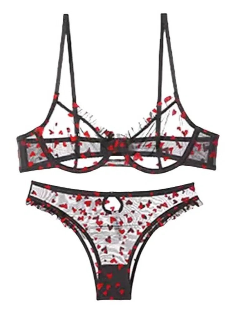 YUQI Chic Heart Lace Push-Up Bra Set | Small Bust Enhancer | Anti-Sagging Mesh Underwear | Women's French Style Lingerie Kit