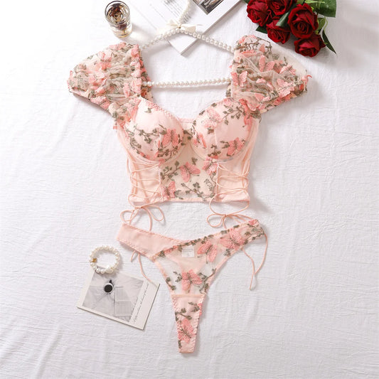 2 Pcs Sexy Lace Flower Embroidery Underwear Set Women's Bra Mesh Bubble Sleeve Tether Top with Steel Ring Bras and Thongs Sets