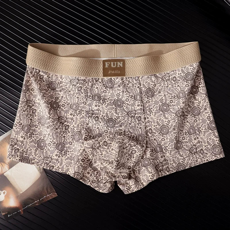 3-Piece Set Of Rose Classical Printed Men's Sexy Boxer Shorts, Soft And Comfortable Underwear, Men's Casual Dour Cornered Pants