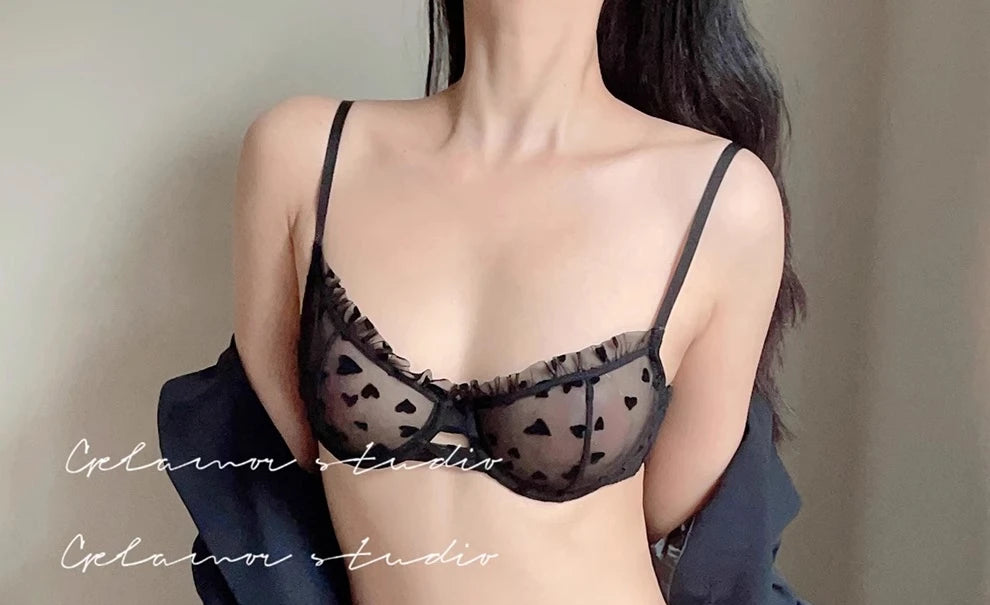 YUQI Chic Heart Lace Push-Up Bra Set | Small Bust Enhancer | Anti-Sagging Mesh Underwear | Women's French Style Lingerie Kit