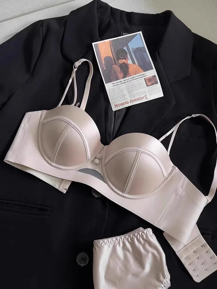 YUQI French Retro Pearl Satin Bra Set - AA Cup Strapless Push Up Lingerie, Anti-Sagging Padded Half Cup Underwear  Sex Underwear